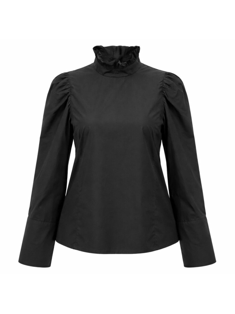 Tela Made In Italy Black High Ruffle Neck Cotton Top Blouse Minimalist 44 Us M